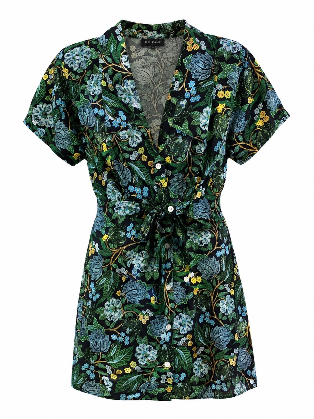 NWT R.G KANE FLORAL PRINT GREEN AND BLUE MINI DRESS WITH SHORT SLEEVES